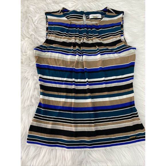 Calvin Klien womens XS stretch sleeveless blouse stripe pleated neckline - Picture 1 of 9